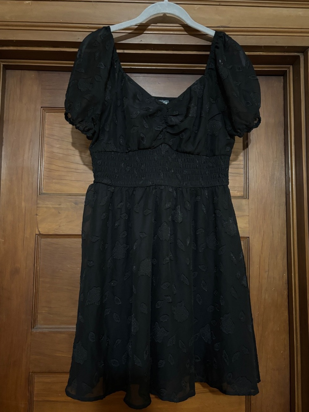 Black Puff-Sleeve Smocked Waist Dress